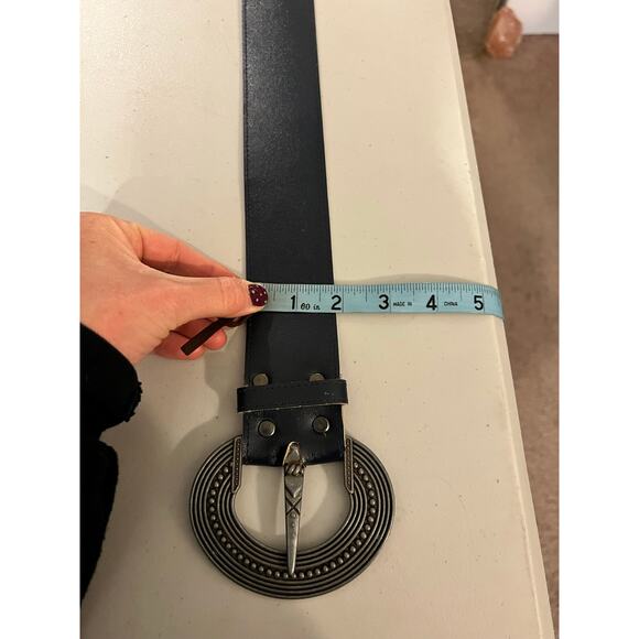 Vintage Chunky Silver Buckle Midnight Blue Leather Wide Belt Size Small main image 12